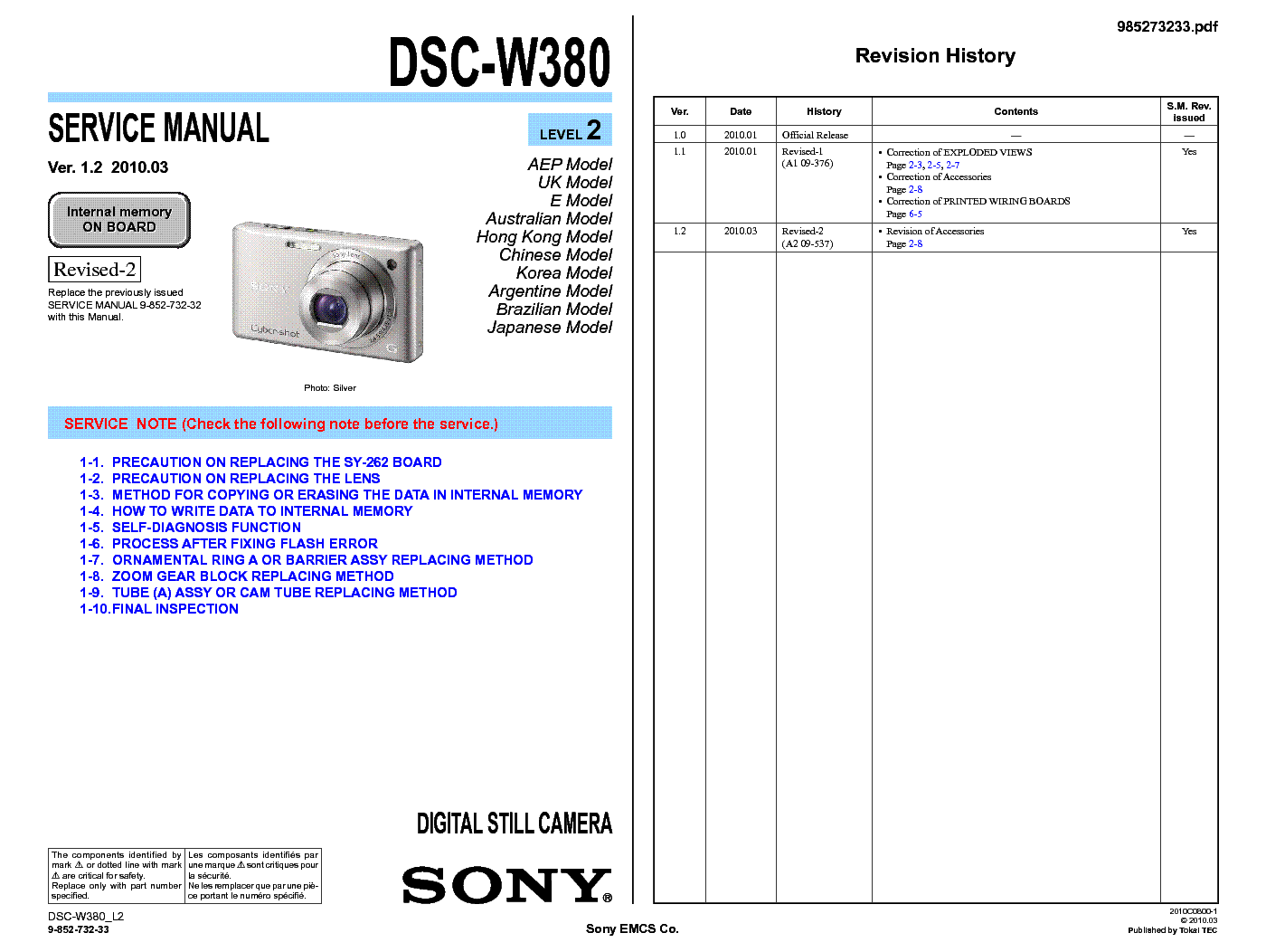 SONY DSC-W380 LEVEL2 VER1.2 service manual