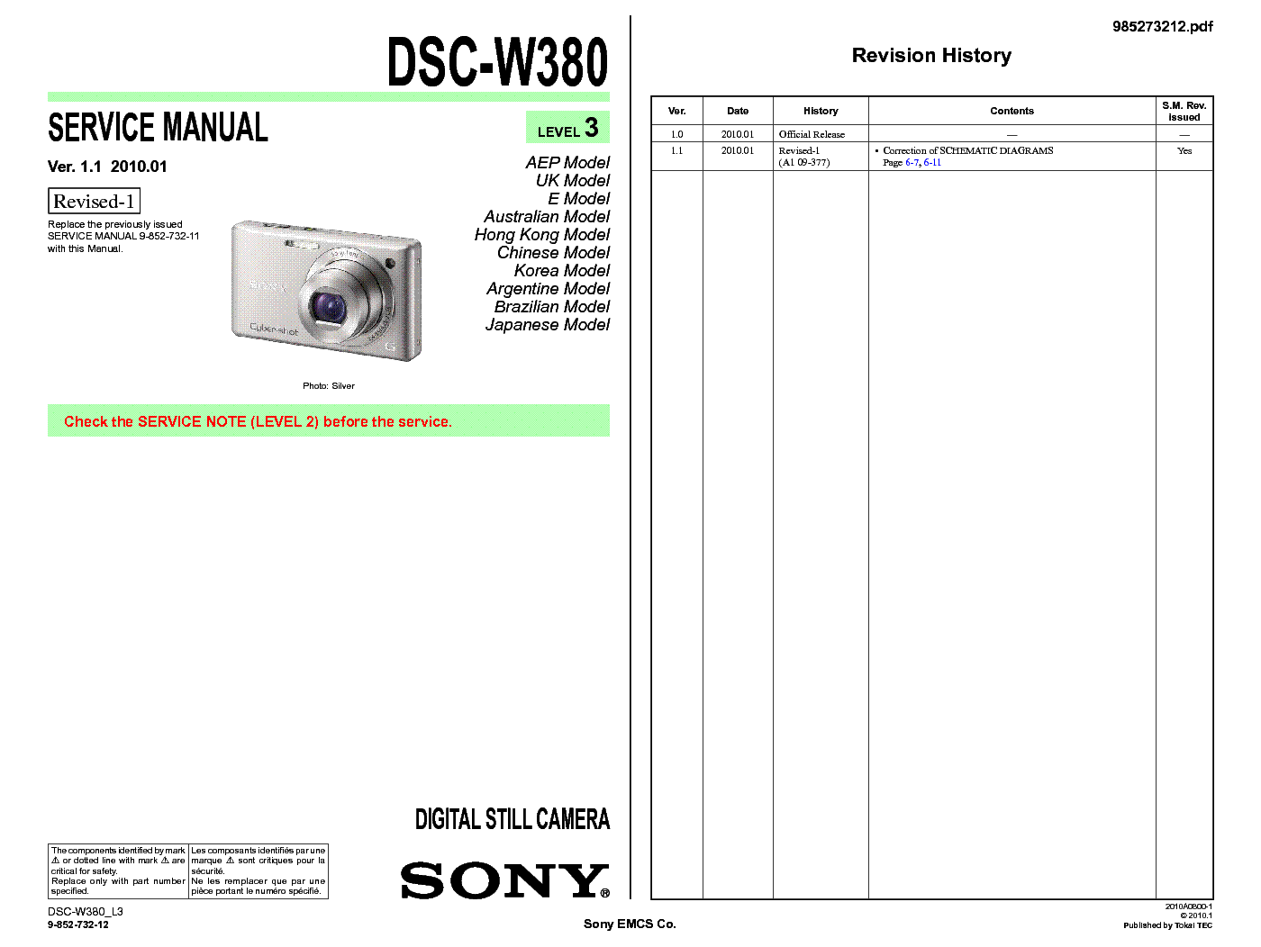 SONY DSC-W380 LEVEL3 VER 1.2 service manual