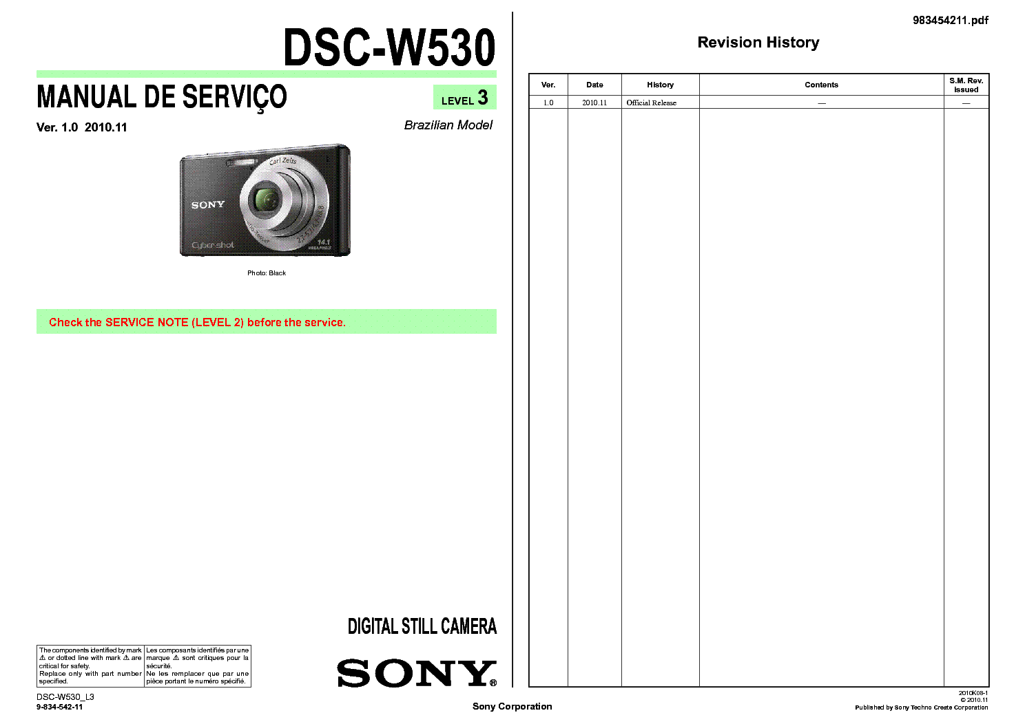 SONY DSC-W530 VER1.0 LEVEL3 SM service manual (1st page)