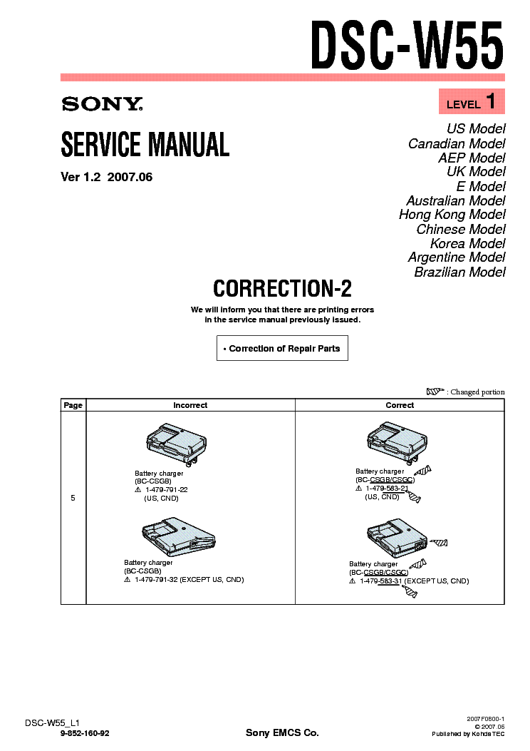 SONY DSC-W55 CORR LEVEL1 VER1.2 service manual