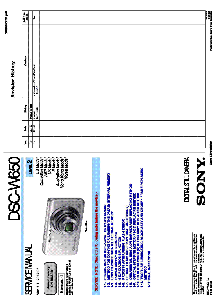 SONY DSC-W650 VER1.1 LEVEL2 service manual