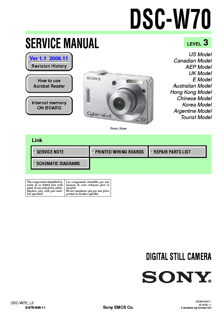 SONY DSC-W70 LEVEL3 VER1.1 SM service manual