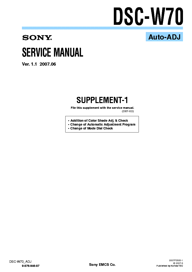 SONY DSC-W70 SUPP ADJUSTMENT VER1.1 service manual