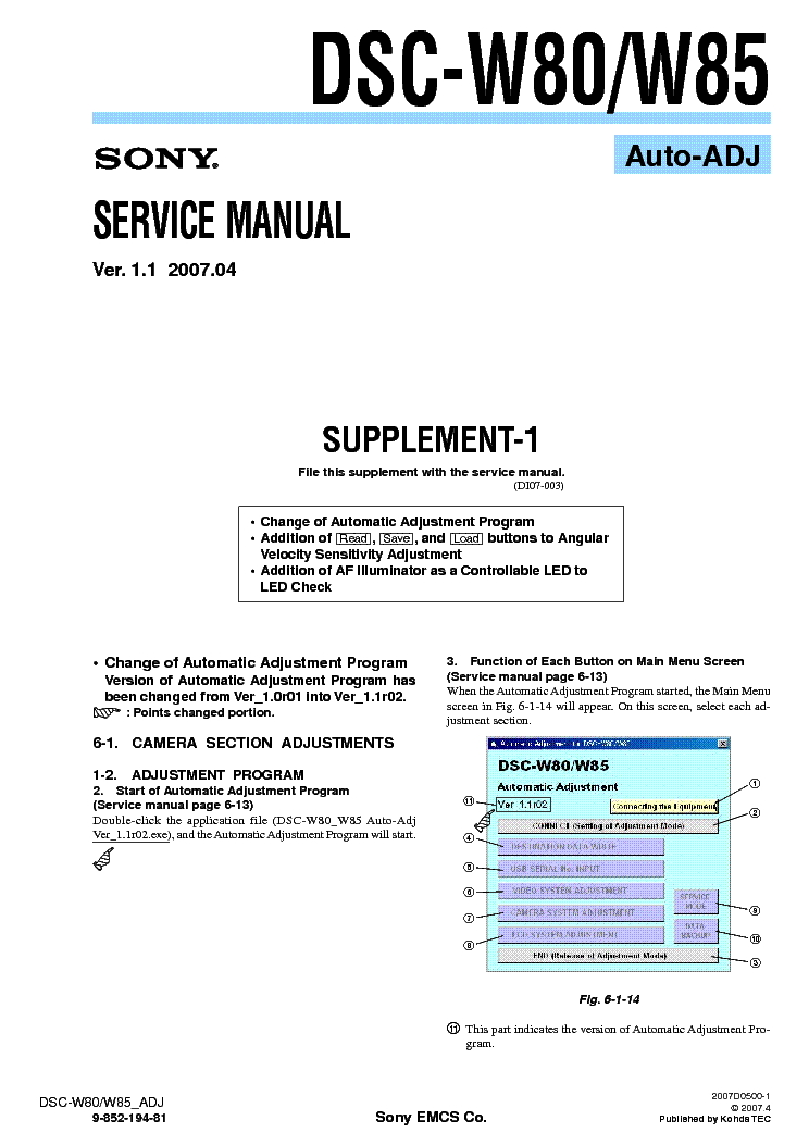 SONY DSC-W80 W85 SUPP ADJUSTMENT VER1.1 service manual