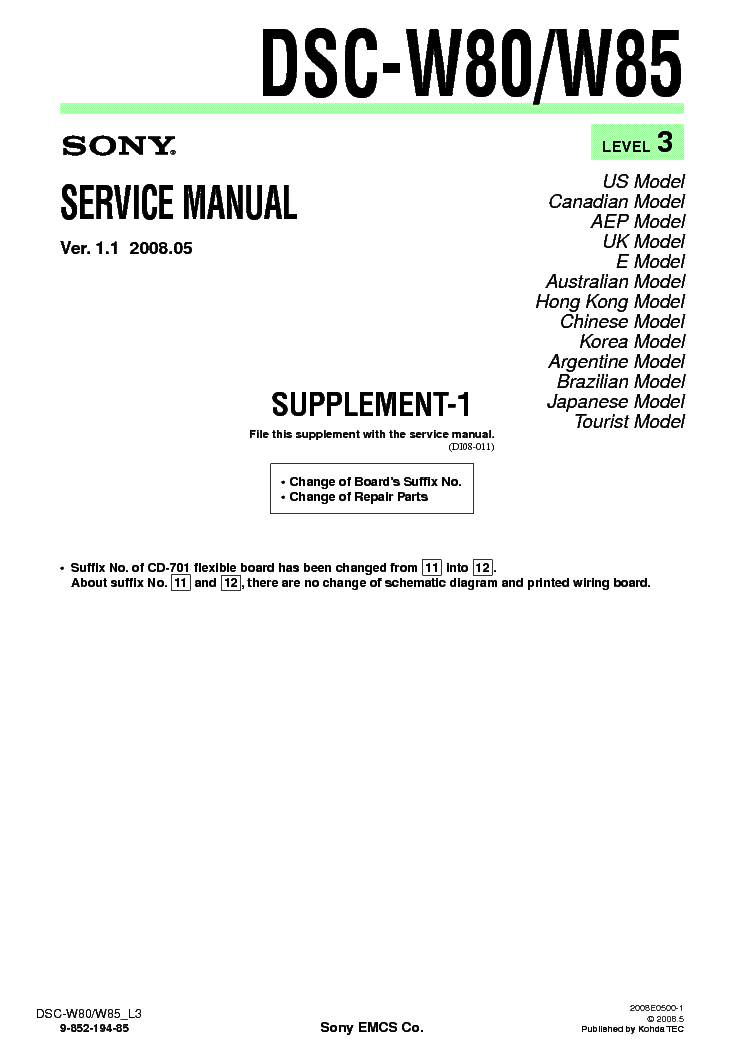 SONY DSC-W80 W85 SUPP LEVEL3 VER1.1 service manual