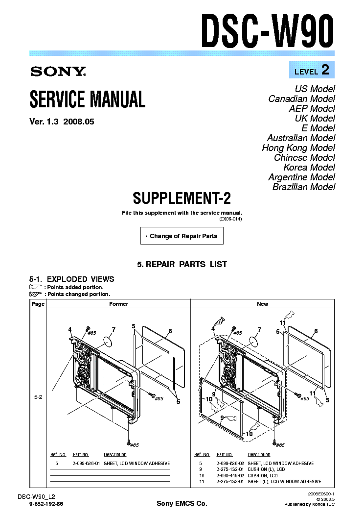 SONY DSCW90 SUPP LEVEL2 VER1.3 Service Manual download, schematics