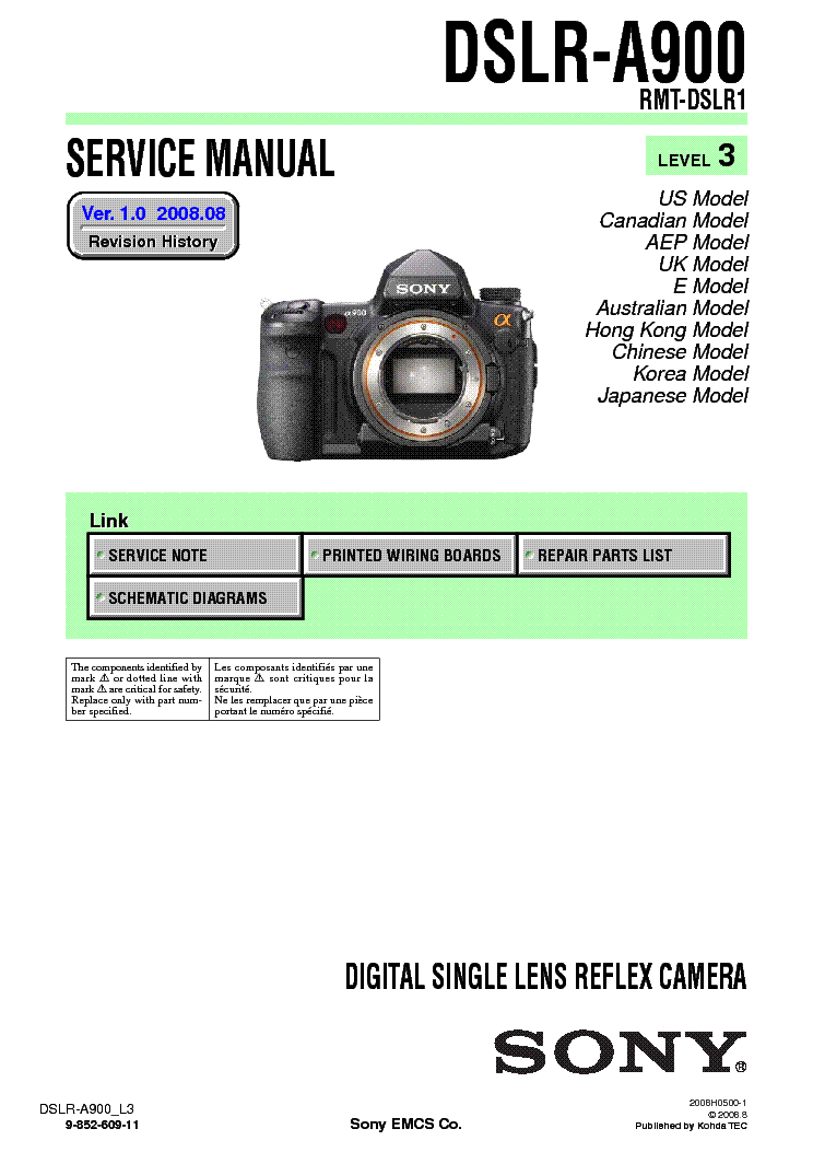 SONY DSLR-A900 LEVEL3 VER1.0 SM service manual (1st page)