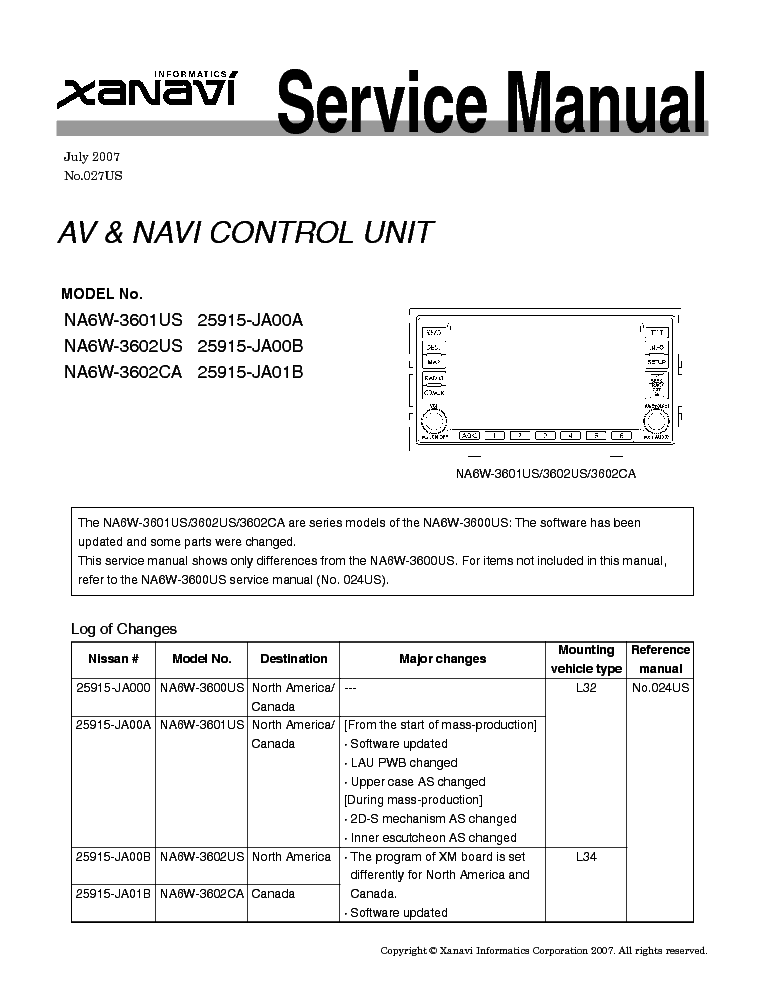 XANAVI NA6W-3601US NA6W-3602US NA6W-3602CA 25915-JA00A 00B 01B AV NAVI CONTROL UNIT service manual (1st page)