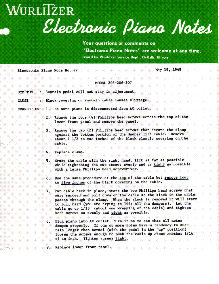 WURLITZER ELECTRONIC PIANO NOTES-2 service manual