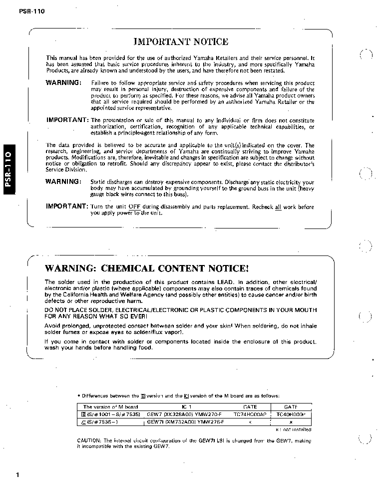 YAMAHA PSR-110 SM service manual (2nd page)