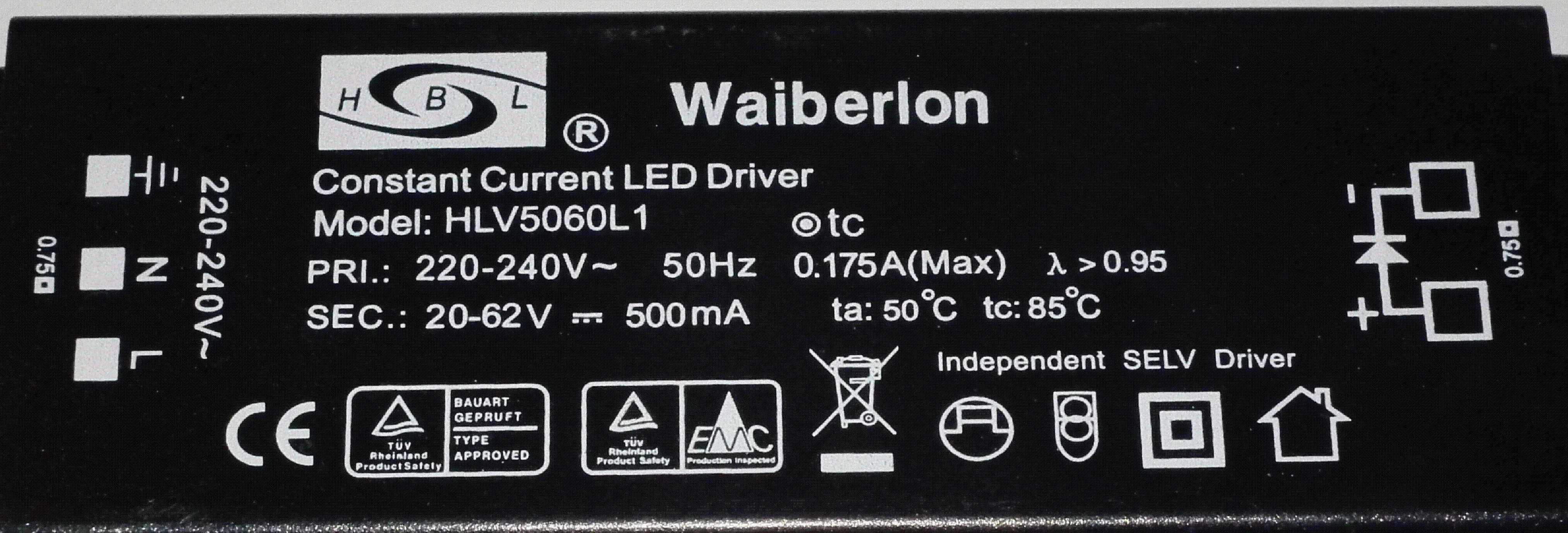 Ersatztrafo LED Treiber Driver Trafo Power Supply Waiberlon HLV5060L1 20-62 Volt 
