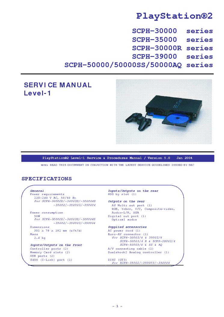 SONY PS2 SCPH-30000R SCPH-35000 SCPH-30000 SCPH-39000 SCPH-50000SS AQ SERIES LEVEL-1 service manual (1st page)