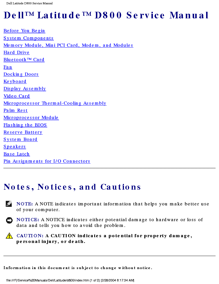 DELL D800 service manual (1st page)
