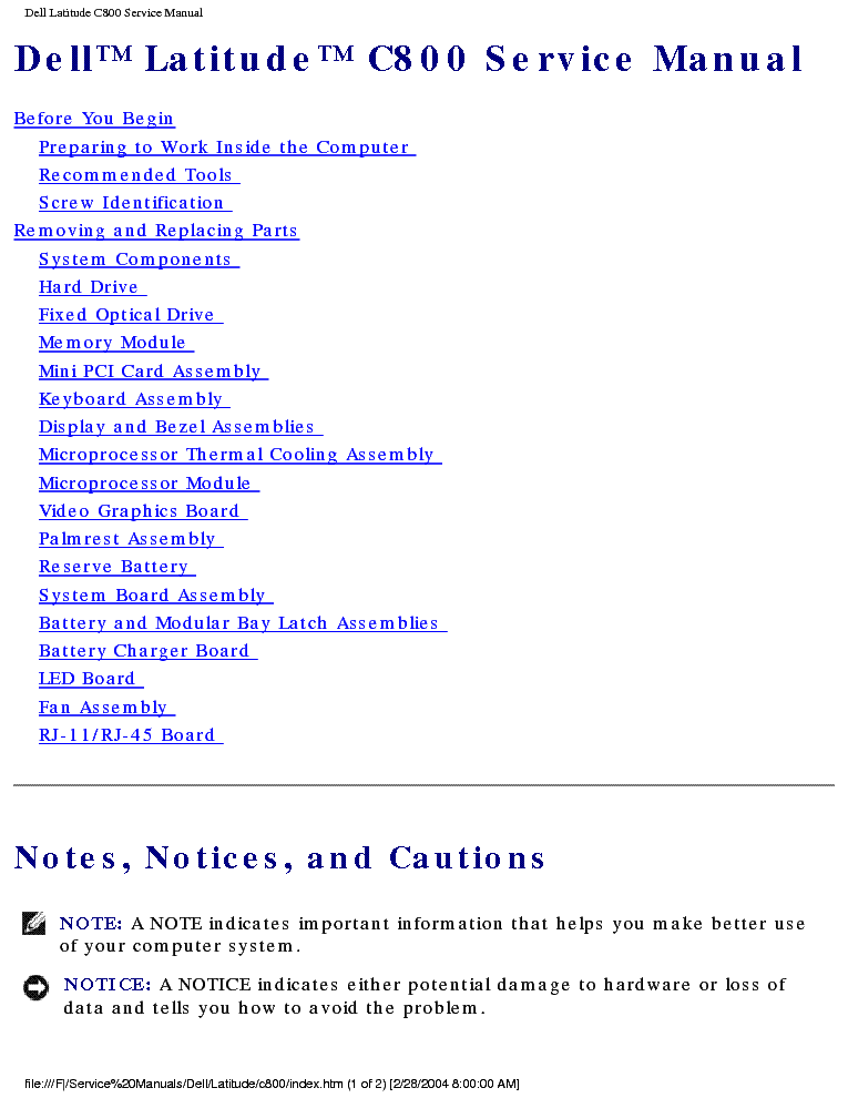 DELL LATITUDE C800 service manual (1st page)