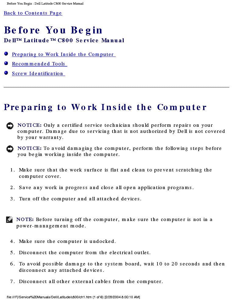 DELL LATITUDE C800 service manual (2nd page)