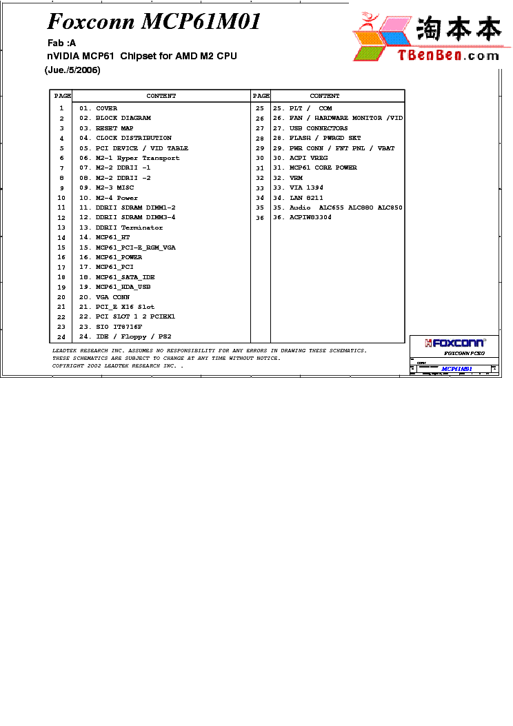 FOXCONN MCP61M01 REV A SCH Service Manual download, schematics, eeprom ...