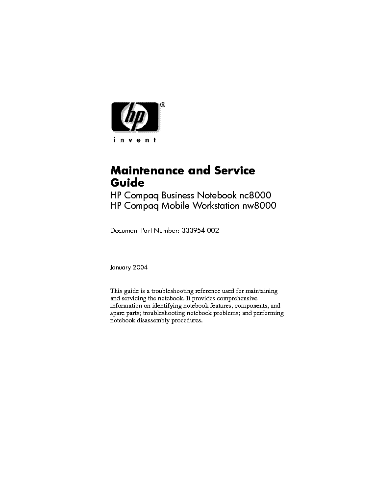HP COMPAQ-BUSINESS-NOTEBOOK-NC8000 service manual (1st page)