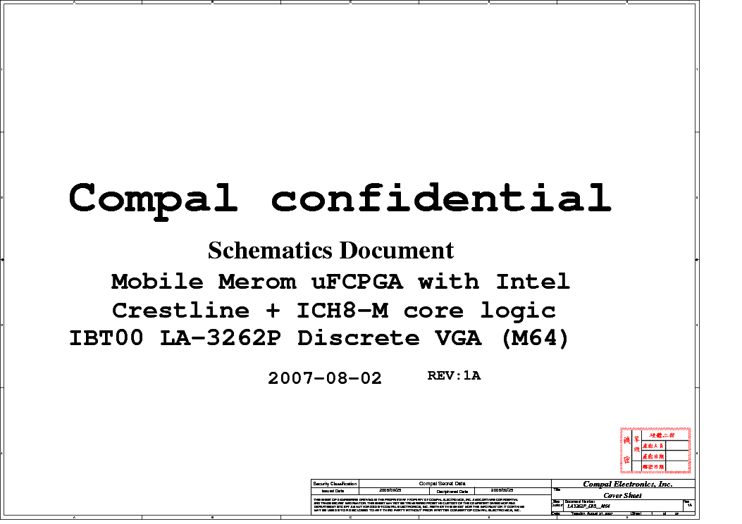 HP COMPAQ 6910P COMPAL LA-3262P REV 1A SCH service manual (1st page)