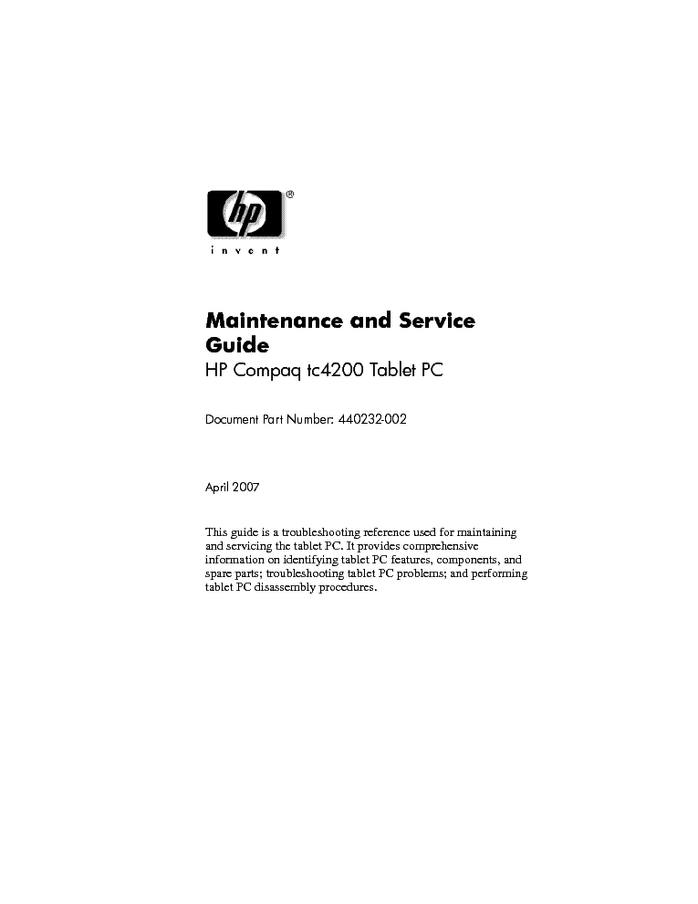 HP COMPAQ TC4200 TABLET service manual (1st page)