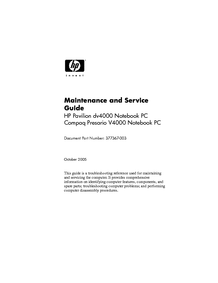 HP PAVILION DV4000 COMPAQ PRESARIO V4000 service manual (1st page)