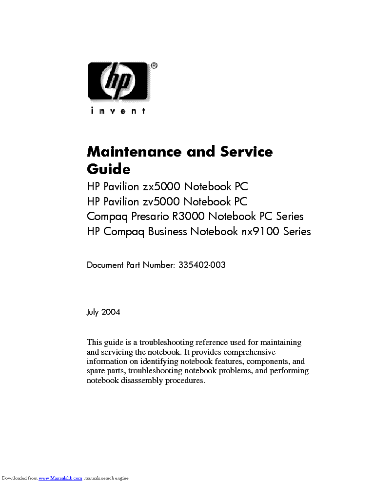 HP PAVILION ZX5000 ZV5000 COMPAQ PRESARIO R3000 BUSINESS NX9100 MT-SERVICEGUIDE service manual (1st page)