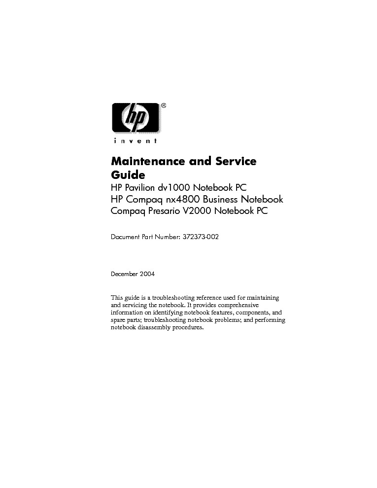 HP PAVILON DV1000 COMPAQ NX480 PRESARIO V2000 SM service manual (1st page)