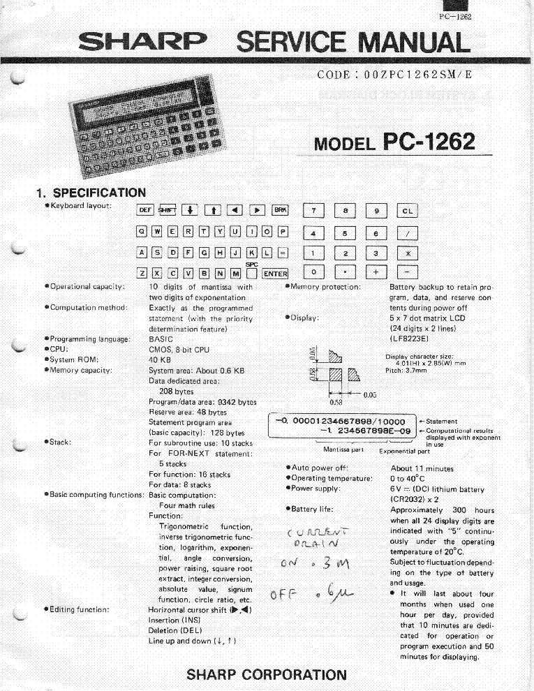 SHARP PC-1262 Service Manual download, schematics, eeprom, repair