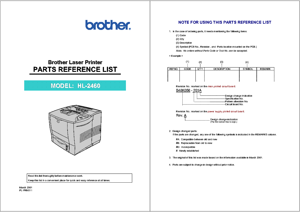 BROTHER HL-2460 PARTS service manual (1st page)
