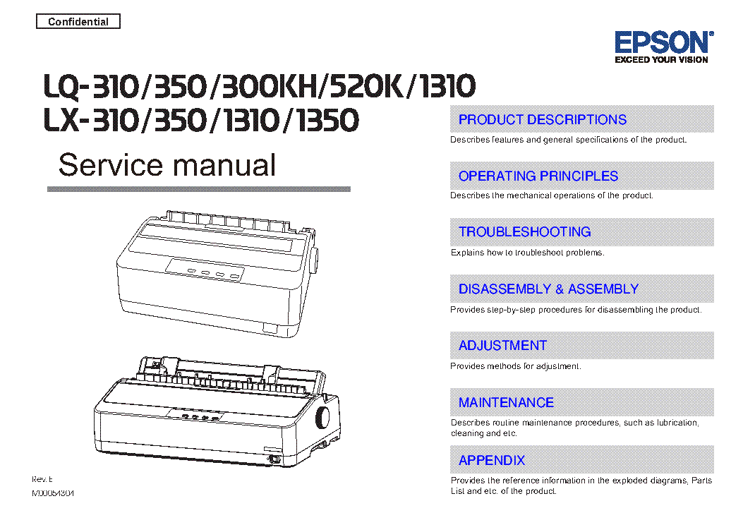 EPSON LQ-310 LQ-350 LQ-300KH LQ-520K LQ-1310 LX-310 LX-350 LX-1310 LX-1350 SERIES SM service manual (1st page)