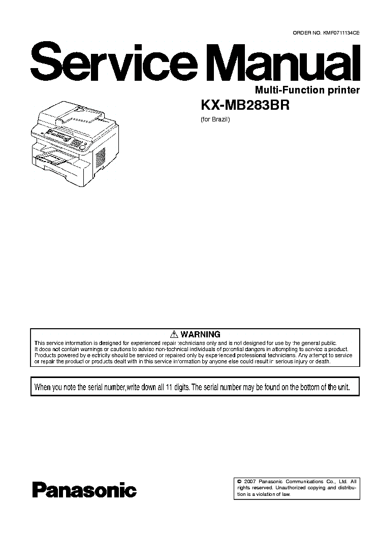 PANASONIC KX-MB283BR MULTI-FUNCTION PRINTER service manual (1st page)