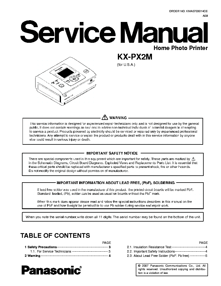 PANASONIC KX-PX2M service manual (1st page)