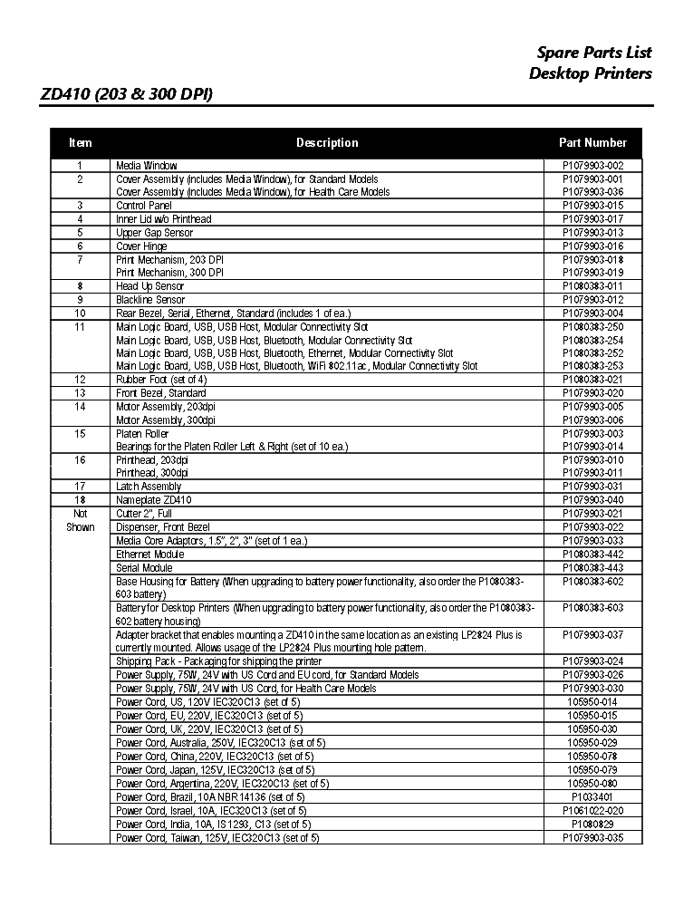 ZEBRA ZD410 PARTS LIST Service Manual download, schematics, eeprom