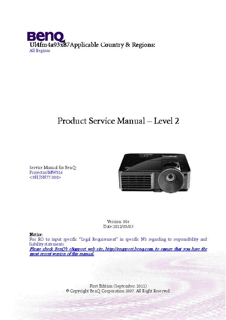 BENQ MW516 VER.00E LEVEL2 SM Service Manual download, schematics