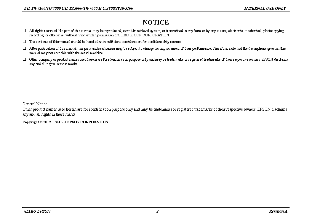 EPSON EH-TW7000 EH-TW7100 CH-TZ3000 TW7000 HOME CINEMA 3800 3810 3200 PROJECTOR SM service manual (2nd page)