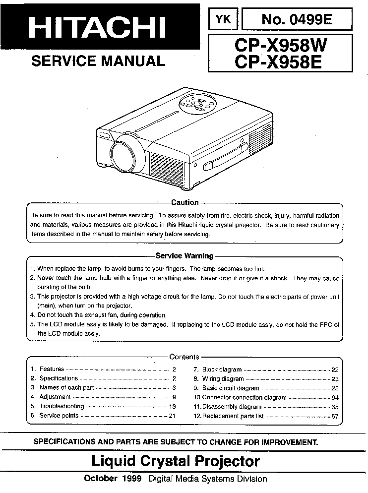 HITACHI CP-X958W CP-X958E service manual