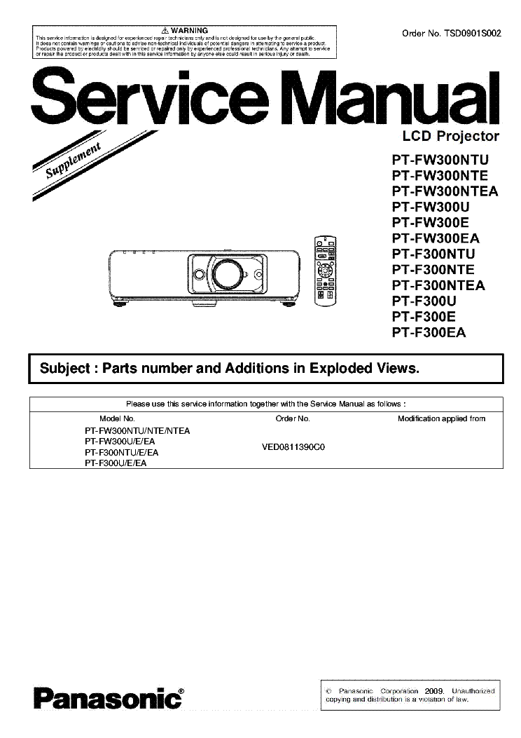 PANASONIC PT-FW300 PT-F300 TSD0901S002 SERIES SUPPLEMENT service manual