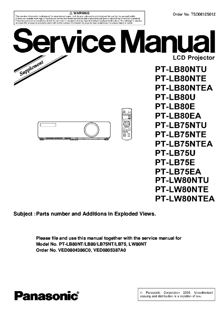 PANASONIC PT-LB80NTU LB80NTE LB80NTEA LB80U LB80E LB80EA LB75NTU LB75NTE LB75NTEA LB75U LB75E LB75EA LW80NTU LW80NTE LW80NTEA SUPPLEMENT service manual