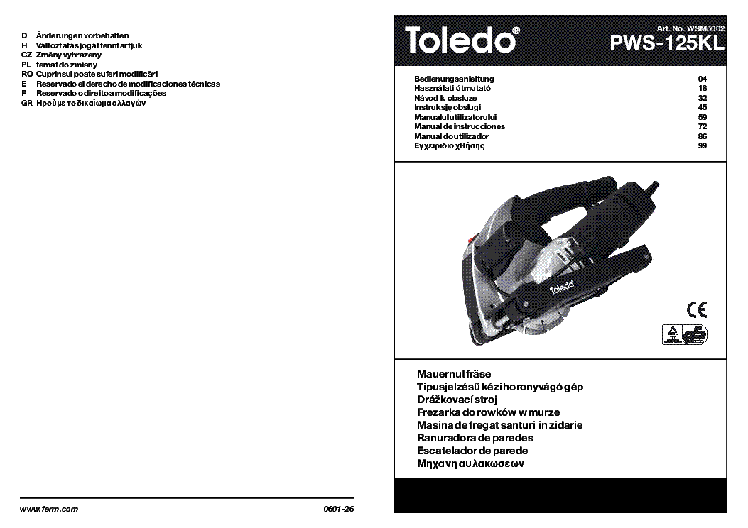 FERM TOLEDO PWS-125KL MAUERNUTFRASE KEZI HORONYVAGO KEZELESI OP SM service manual (1st page)