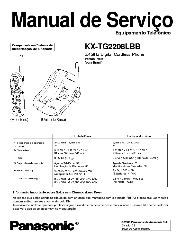 PANASONIC KX-TG2208LBB Service Manual download, schematics, eeprom