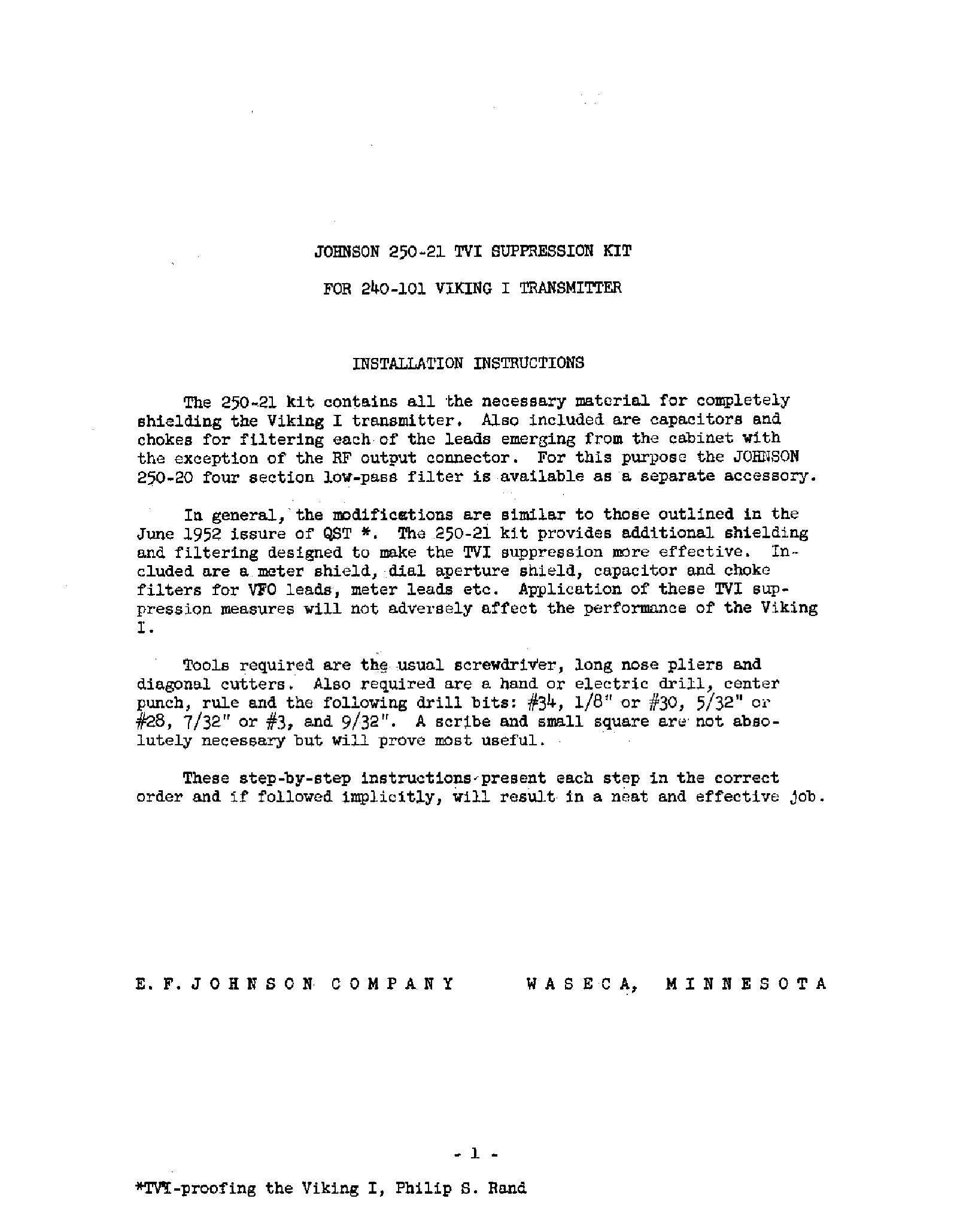 JOHNSON 250-21 TVI SUPPRESSION KIT FOR THE 240-101 VIKING I TRANSMITTER service manual