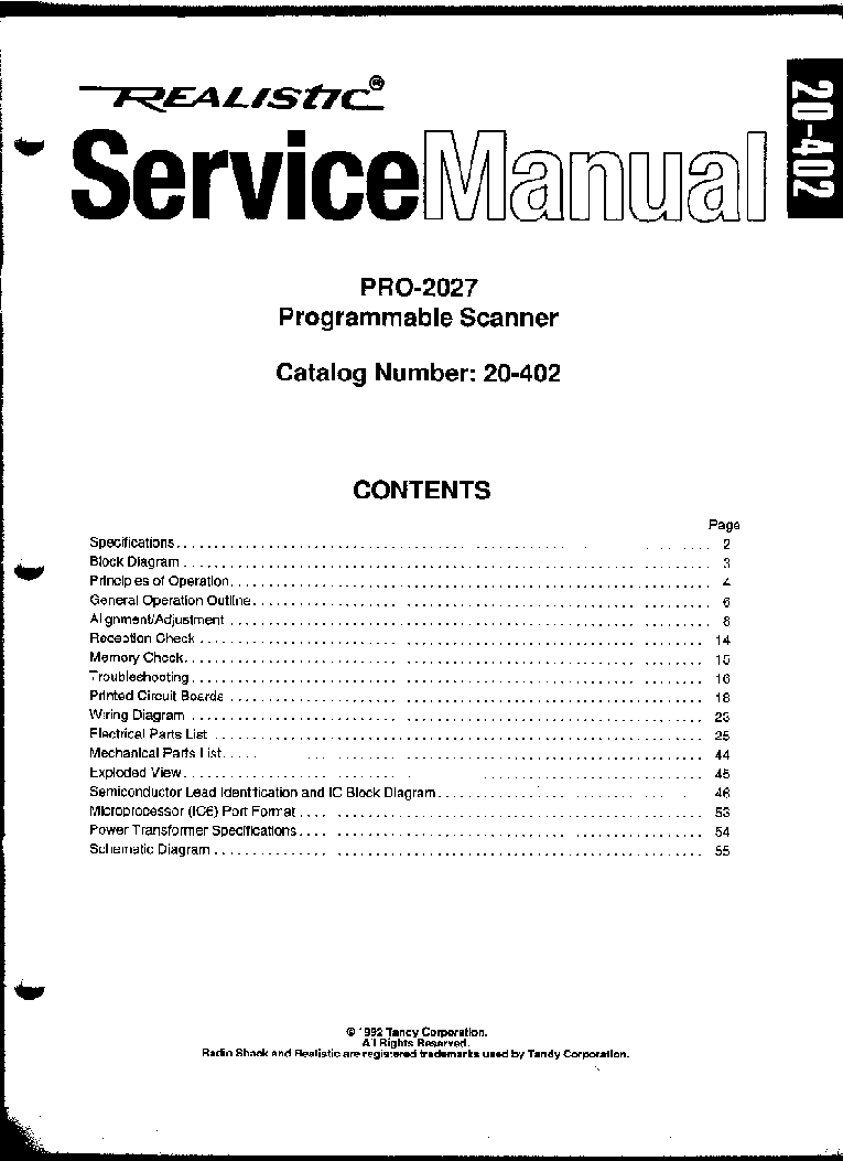 REALISTIC PRO2027 RADIO SCANNER Service Manual download, schematics