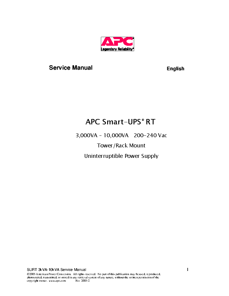 APC SMART UPS RT SURT1000XLI 3000VA 10000VA TOWER RACK MOUNT SM service manual (1st page)