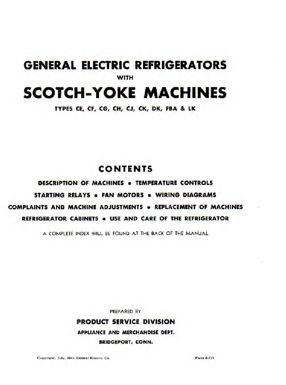 GENERAL ELECTRIC REFRIGERATORS WITH SCOTCHYOKE MACHINES SERVICE MANUAL