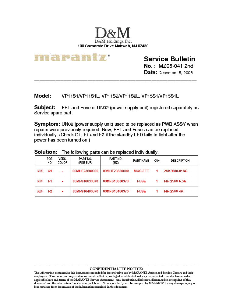 MARANTZ VP11S1 VP11S1L VP11S2 VP11S2L VP15S1 VP15S1L MZ06-041 2ND service manual (1st page)