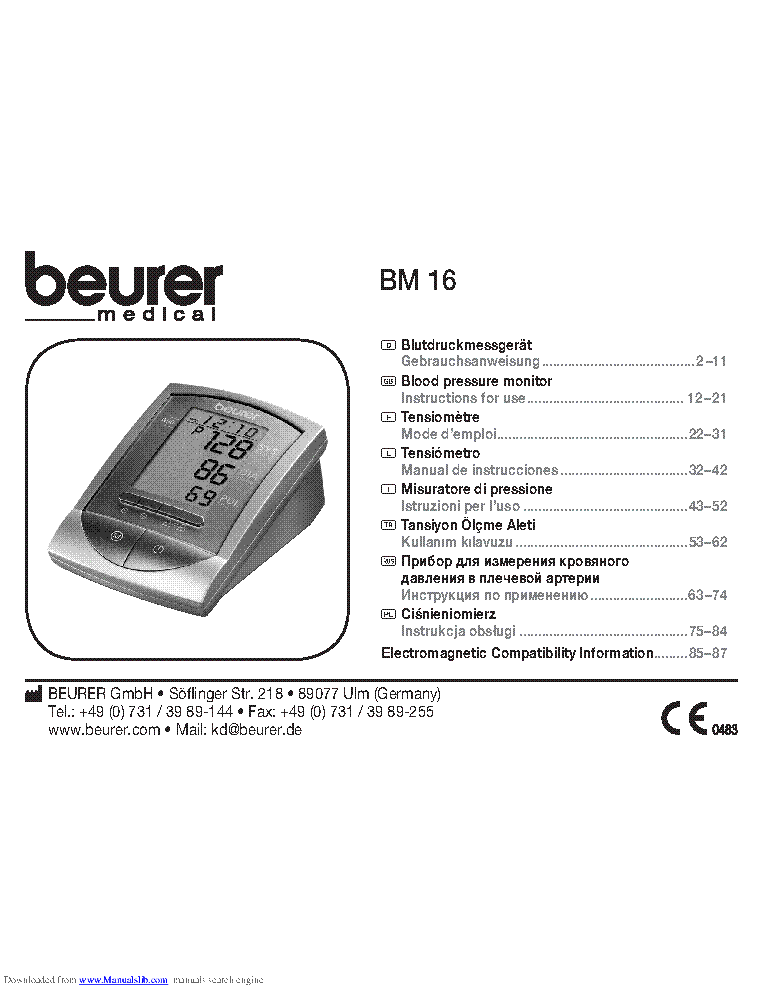 BEURER BM 16 BLOOD PRESSURE MONITOR USER MANUAL service manual (1st page)