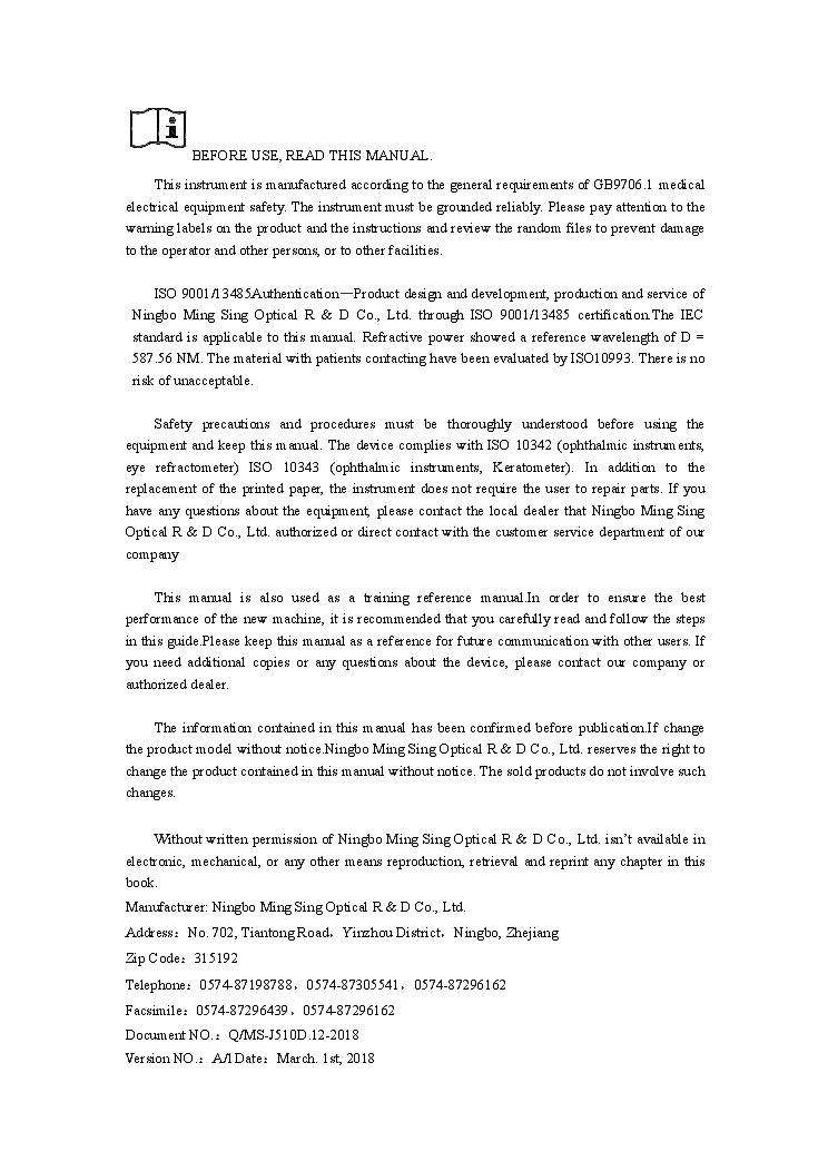 NINGBO RM9600 KR9600 AUTO REFRACTOMETER USER MANUAL Service Manual