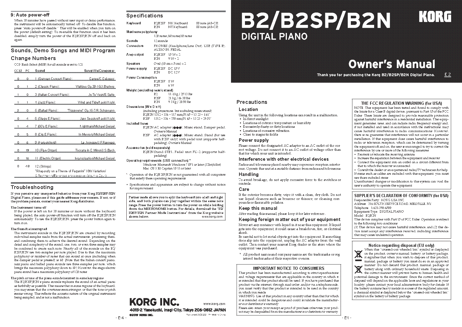 KORG B2 B2SP B2N DIGITAL PIANO USER MANUAL service manual (1st page)