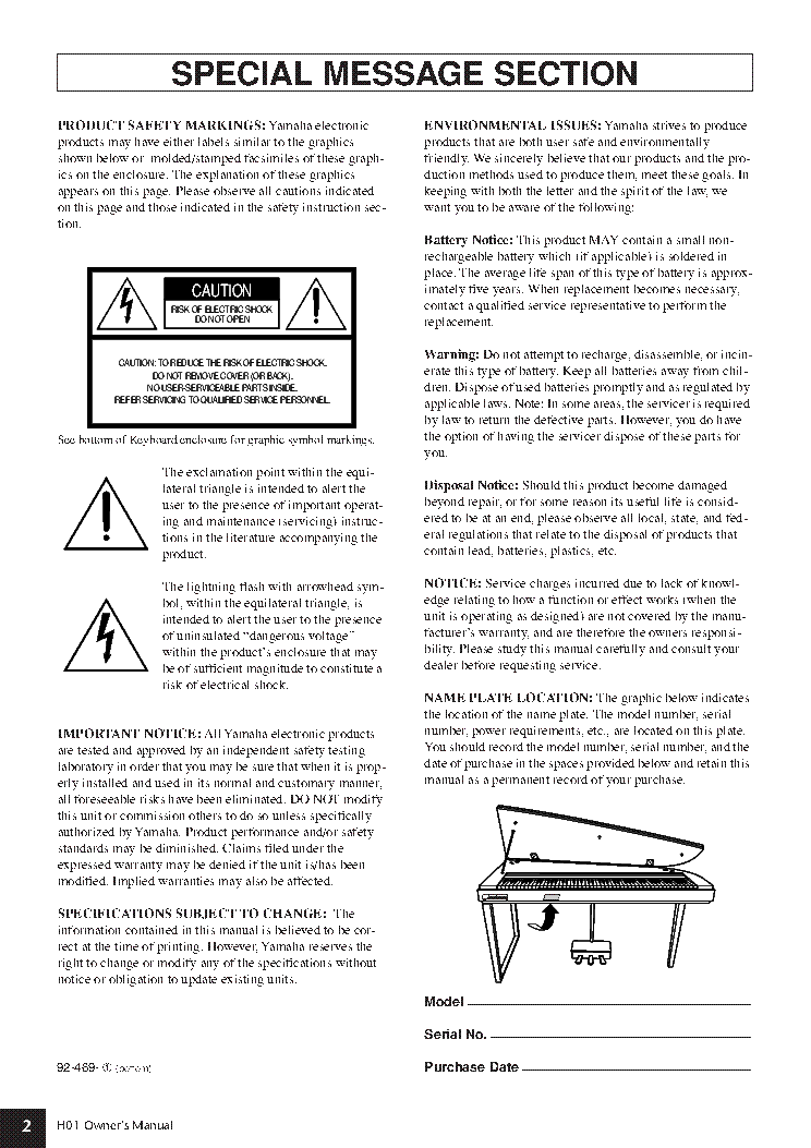 YAMAHA H01 DIGITAL PIANO USER MANUAL Service Manual download ...