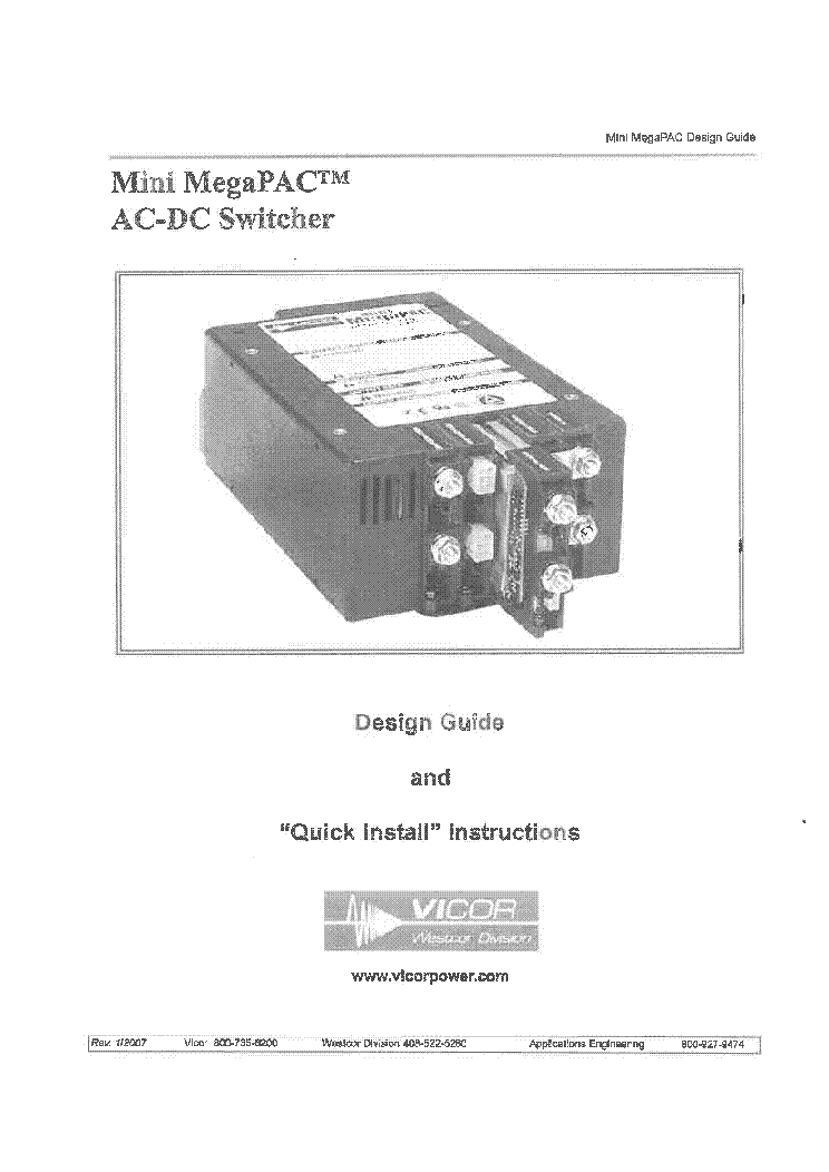 VICOR MINI MEGAPAC AC-DC SWITCHER QUICK INSTALL service manual (1st page)