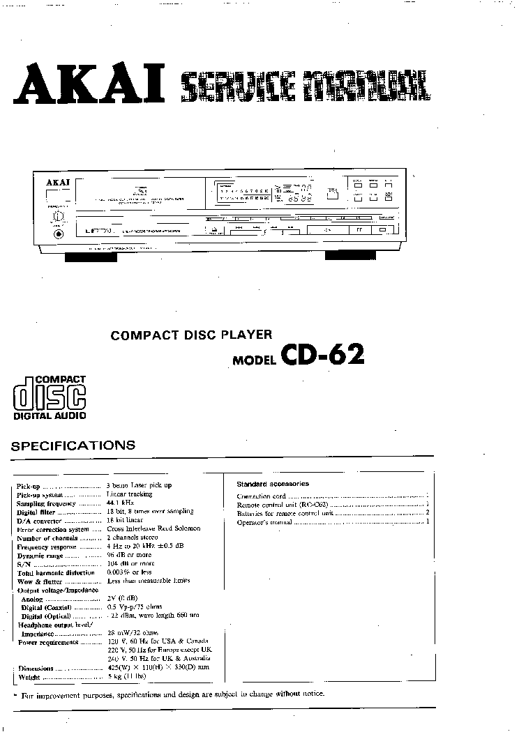 ORIGINALI service manual AKAI cd-62 